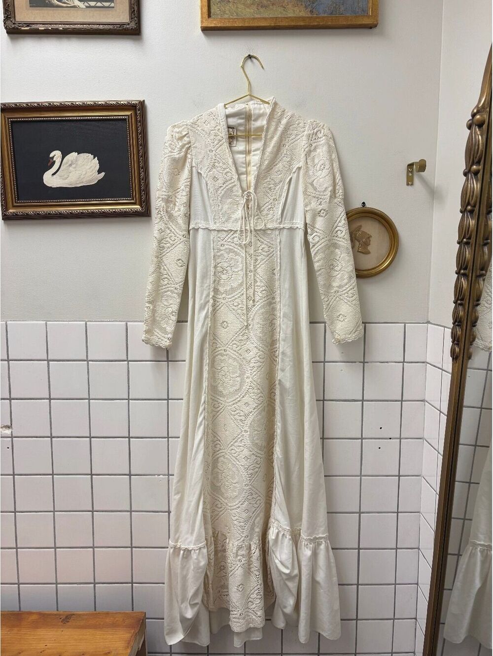 1970 Gunne Sax White Lace Maxi Dress with Long Sleeves and Ruffle Hem